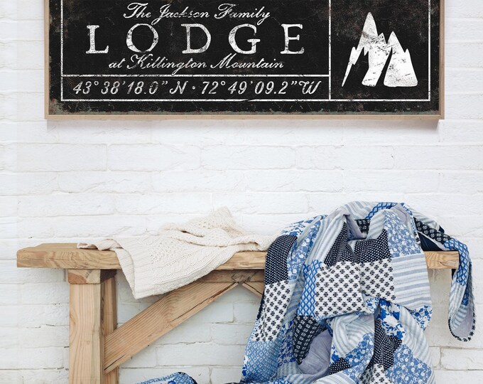Mountain Lodge Wall Art: Faux Rusty Metal Ski Sign - Custom Coordinates