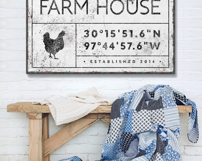 Rustic Farmhouse Canvas Print - Custom Family Name and Coordinates