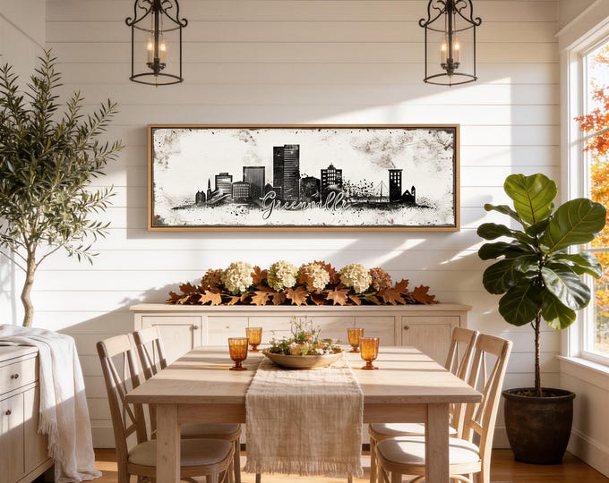 Greenville Skyline Art: Farmhouse Style Wall Decor (Extra Large, Framed)
