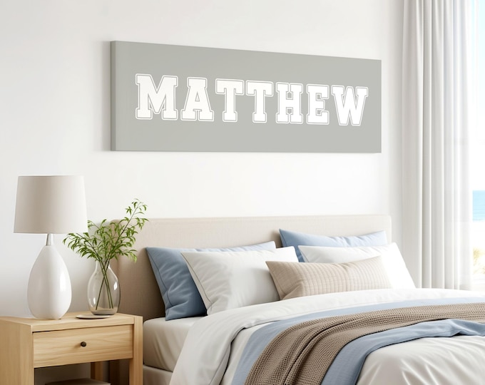 Stone gray block letter art, retro athletic name sign for a bedroom wall