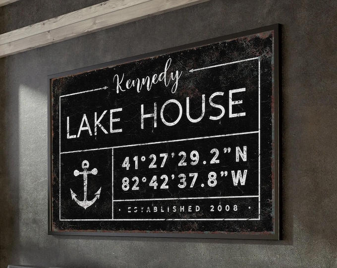 Lake House Sign, Custom Coordinates, Family Name Sign, Vintage Canvas Decor, Personalized Rustic Anchor Art, Farmhouse Wall Hanging {gdb}