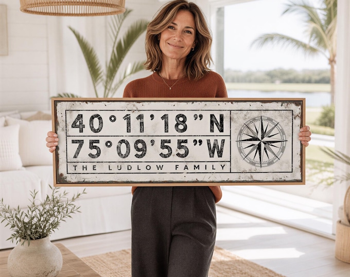 Personalized Coordinates Canvas Sign - Rustic Compass Wall Art