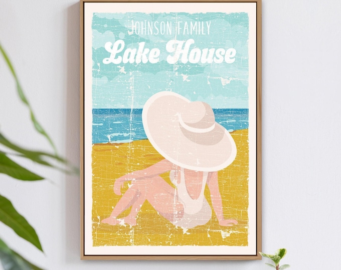 Lake House Wall Art: Retro Beach Sign - Distressed Rustic Look