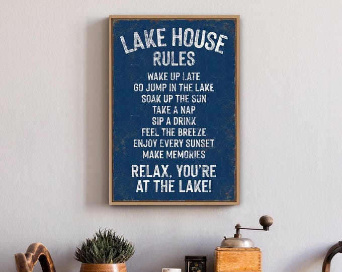 vintage "lake house rules" sign > navy blue sign art print, custom lakehouse decor, distressed lake house gift, vacation rental decor
