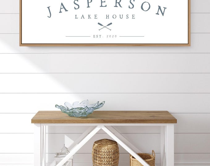 Modern Farmhouse, Farmhouse Wall Art, Lake House Decor, Personalized Family Name Sign, Nautical Blue Print, Framed Canvas with Oars