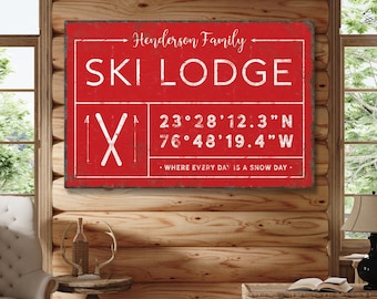 Family Name Ski Lodge Sign: Rustic Mountain Decor (Real Red shown)