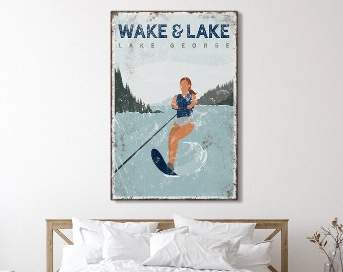 Gift for Dad Father, Vintage Lake House, Water Skiing Poster, Wake & Lake Sign Art Print, Navy Slalom Ski Decor for Big Wall {vpl}