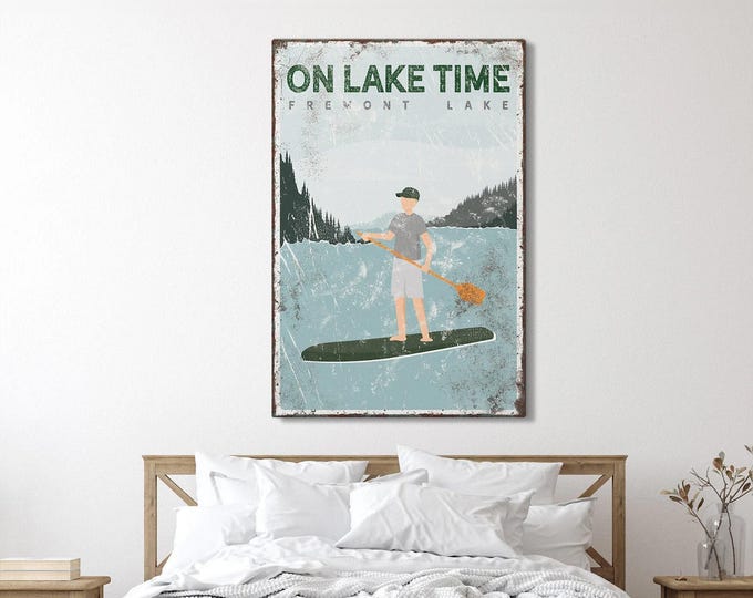 Vintage Lake Sign Poster, Forest Green Paddleboard (Custom Text Options)