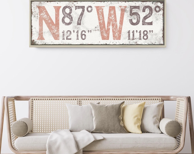 Custom Latitude & Longitude Sign: Vintage Coral, Farmhouse Wall Art