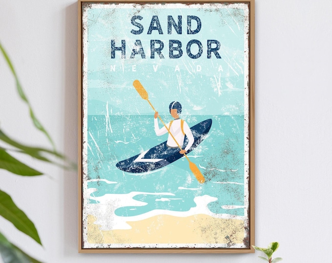 Sand Harbor Kayak Sign, Personalized Aqua Paddling Beach Town Art, Gift for Him