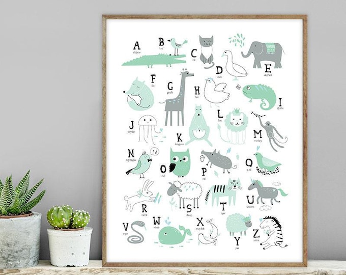 Mint Alphabet Wall Art: Animal Letters for Kids' Rooms
