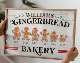 Custom Gingerbread Family Sign, Christmas Wall Art, Seasonal Decor, Rustic Maple Frame, Holiday Gift, Large Mantle Display