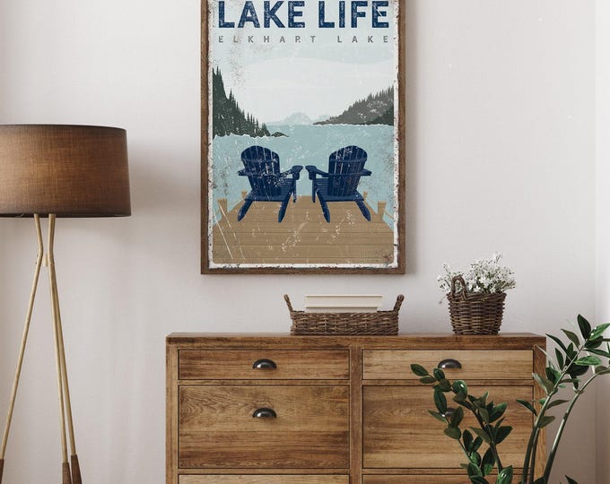 Lake Dock Wall Art: Lake Life Sign with Two Navy Adirondack Chairs, Personalized Vintage Lake Print