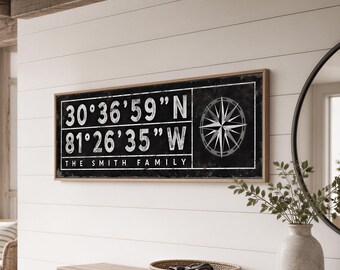 The Smith Family Sign, Personalized Coordinates, Nautical Compass Lake House Art