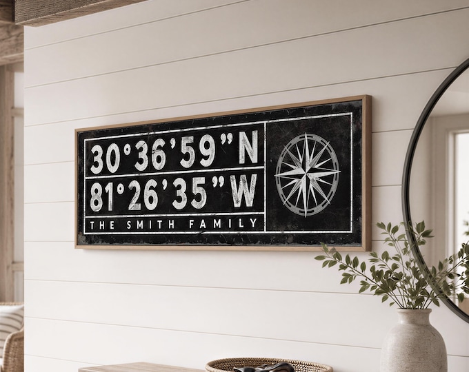 The Smith Family Sign, Personalized Coordinates, Nautical Compass Lake House Art
