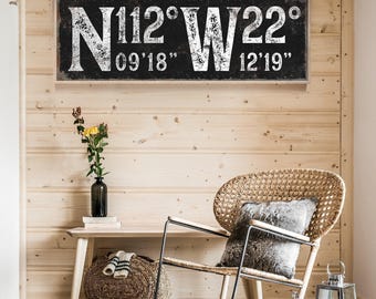 Custom COORDINTAES SIGN, Latitude & Longitude Canvas Sign in White on Black, GPS Coordinates Wall Art, Faux Weathered Wood {scw}