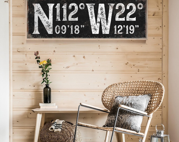 Custom COORDINTAES SIGN, Latitude & Longitude Canvas Sign in White on Black, GPS Coordinates Wall Art, Faux Weathered Wood {scw}