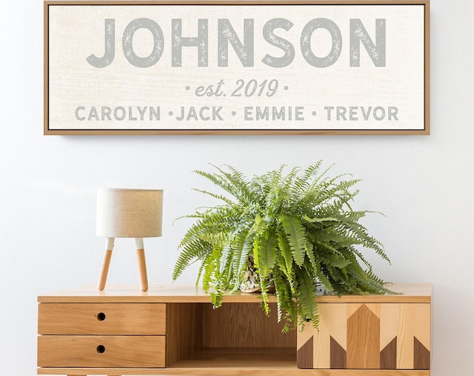 rustic LAST NAME canvas, distressed farmhouse sign, custom name & year established + kids names, shabby chic boho wall art print {s}