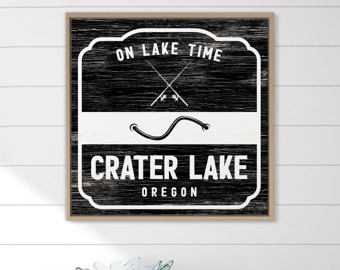 Lake Fishing Art, Crater Lake Oregon Sign, Black And White Lake Gift for Dad