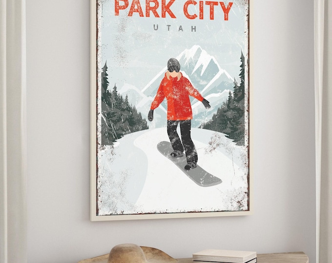vintage snowboard poster > custom canvas print, gift for female snowboarder, retro mountain house decor wall art (Park City, Utah) {vpw}