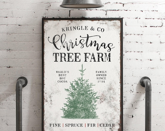Christmas Sign, Personalized Kringle and Co Tree Farm with a Green Pine and Hot Cocoa, Mantle