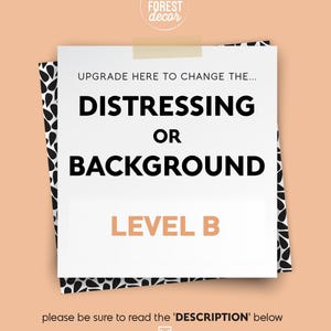 Può includere: Una scheda rettangolare bianca con il testo "UPGRADE HERE TO CHANGE THE... DISTRESSING OR BACKGROUND LEVEL B" è fissata a un sfondo con un motivo in bianco e nero. La scheda è su uno sfondo color pesca.