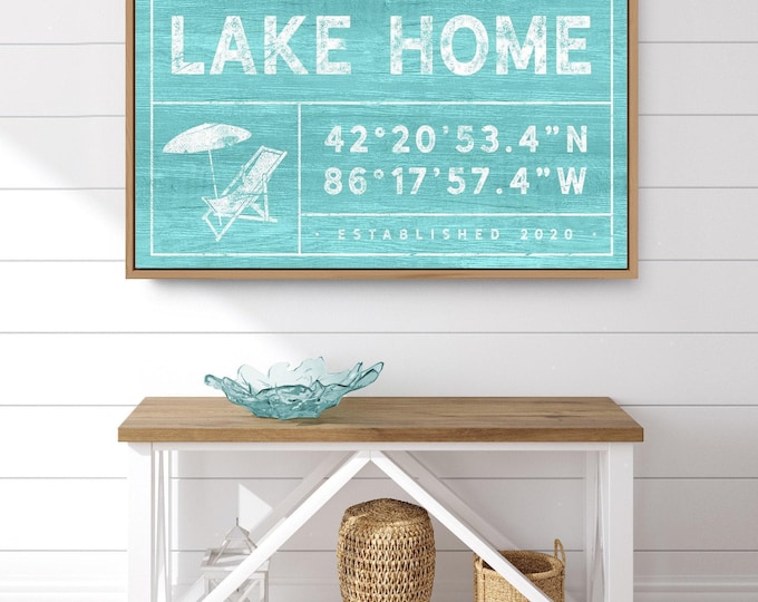 Personalized Sign, Lakehouse Decor, Coordinates Sign, Custom Aqua Blue Canvas, Family Name Welcome Plaque, Vintage Beach Chair Print {gdo}