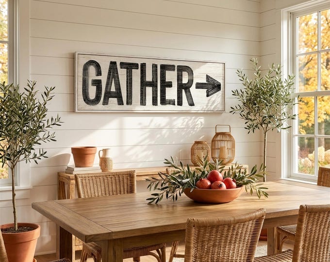 Gather Directional Sign, Farmhouse Entry Wall Art, Rustic Arrow Home Decor Gift