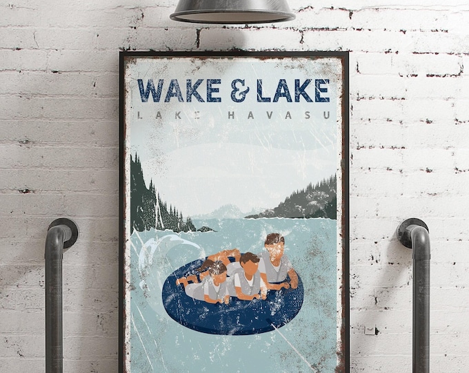 Lake Family Tubing Sign, Personalized Lake Name Wall Art, Navy Vintage Decor for a Lake House Gift