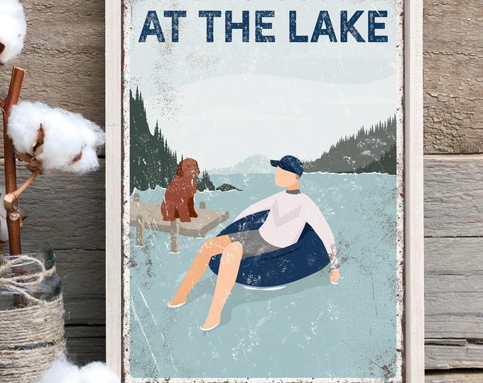 vintage AT THE LAKE sign, personalized tubing poster with goldendoodle dog on a dock, life is better at the lake, farmhouse home decor {vpl}
