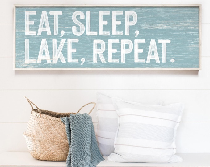 Distressed Lake Art, Eat Sleep Lake Repeat Sign, Dusty Blue And White Wall Decor