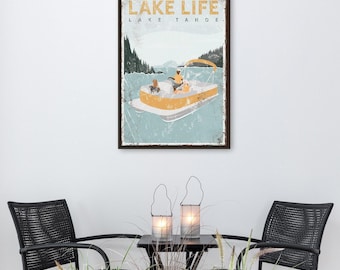 Lake House Pontoon Boat Sign, Couple with Dogs, Rustic Style (Custom Text)