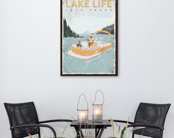 Lake House Pontoon Boat Sign, Couple with Dogs, Rustic Style (Custom Text)
