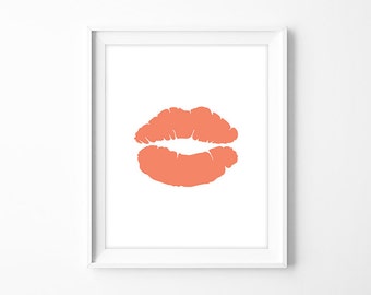 coral kiss poster, lips art printable poster // coral pink modern art // kitchen decor // DIY nursery sign PDF (iconic shapes)