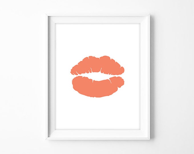 coral kiss poster, lips art printable poster // coral pink modern art // kitchen decor // DIY nursery sign PDF (iconic shapes)