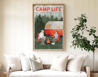 Camp Life Mountain Cabin Sign, Marshmallows by the Fire, Red Vintage Camper Scene