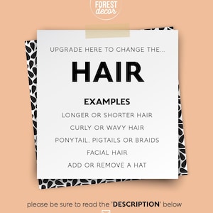HAIR STYLE upgrade – longer, shorter, curly, wavy, ponytail, braids, add facial hair or hat {UPGRADE for vintage posters only}