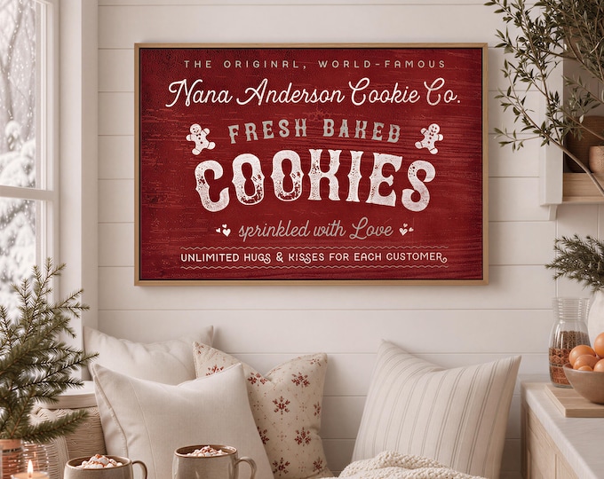 Cookie Shop Sign Custom Bakery Name Red Sage Green Christmas Decor