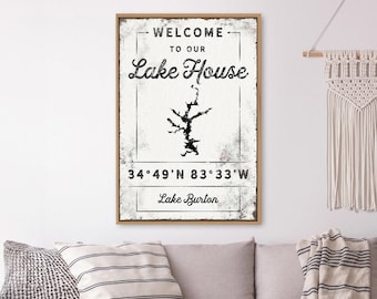 Boho Lake House Sign, Rustic Canvas with Coordinates (Custom Sizes)