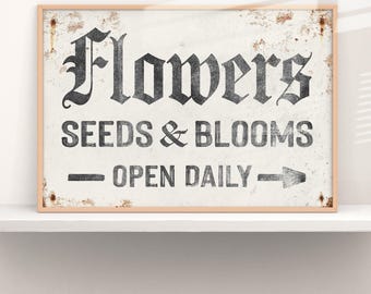 Vintage Flowers Sign: Rustic White Canvas, Extra Large Wall Art