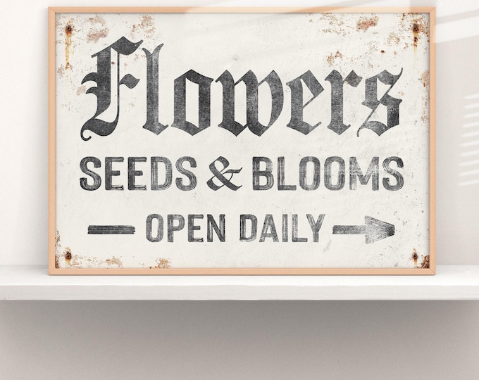 Vintage Flowers Sign: Rustic White Canvas, Extra Large Wall Art