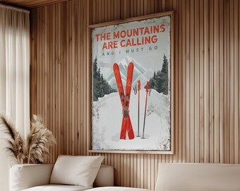 Mountain Ski Wall Print: Red Skis Art (Customizable Text)