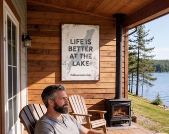 Custom Lake Map Sign, Charcoal and Rust Details, Personalized with Your Lake Name