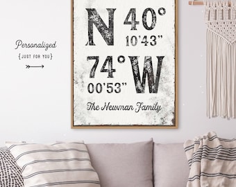 Farmhouse Coordinates Sign, Canvas Print, Black & White (Custom Size Options)