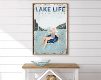 navy LAKE LIFE sign &gt; personalized nautical blue lake house decor, lake tubing poster, sunbathing print for farmhouse (Caddo Lake) {VPL}