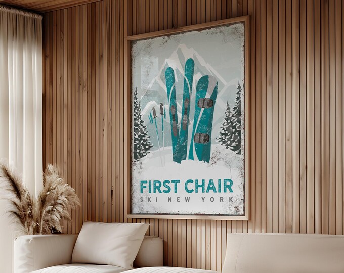 Ski Lodge Wall Art, Vintage Snowboard Poster, Personalized Skiing Home Decor, First Chair Ski Poster, Teal Mountain Decor, Ski Gift for Her