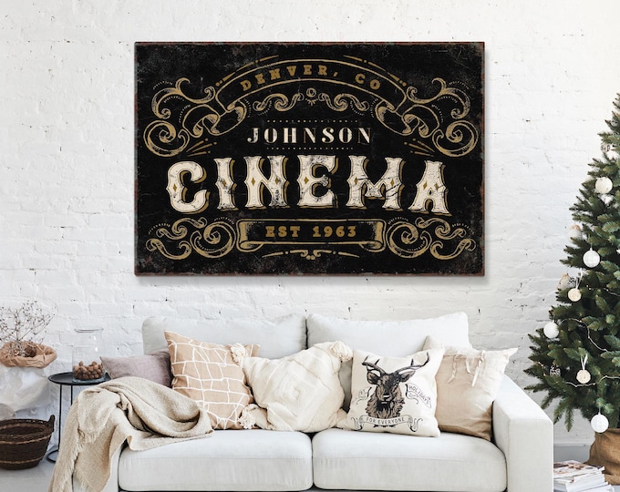 Vintage marquee home cinema decor, family name, city and est year in gold