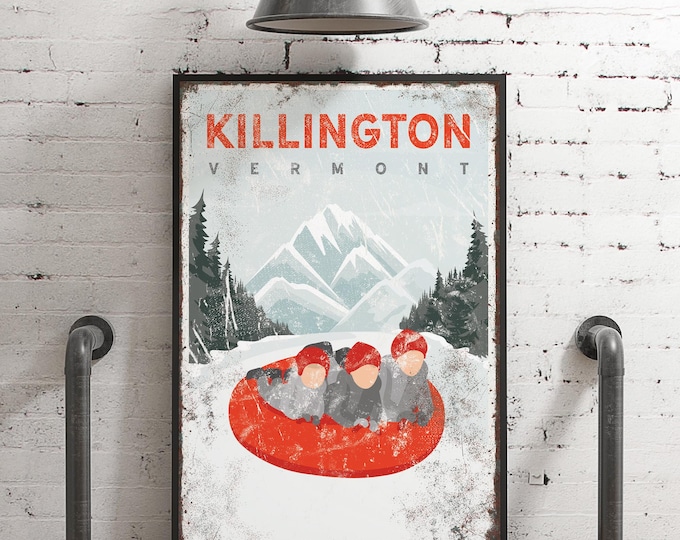 Vintage KILLINGTON VERMONT Ski Poster in Red Accent, Personalized Family Snow Tubing Sign, Farmhouse Winter Decor, Retro Ski Prints {vph}