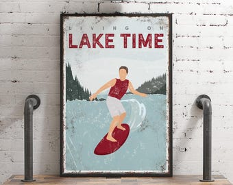 Wake Surf Wall Art Poster: Personalized Lake Decor in Maroon