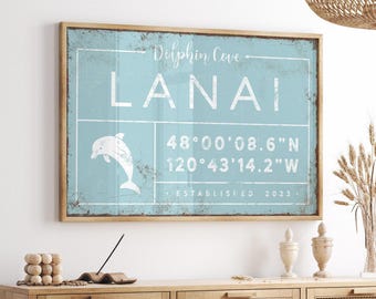 Lanai Sign Personalized Name, Custom Coastal Coordinates Print, Dolphin Porch Wall Art